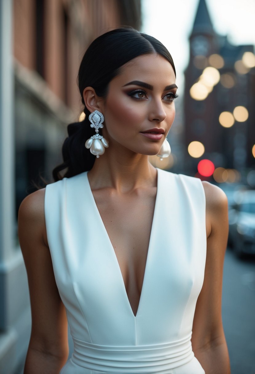 A v-neck dress with baroque pearl drop earrings