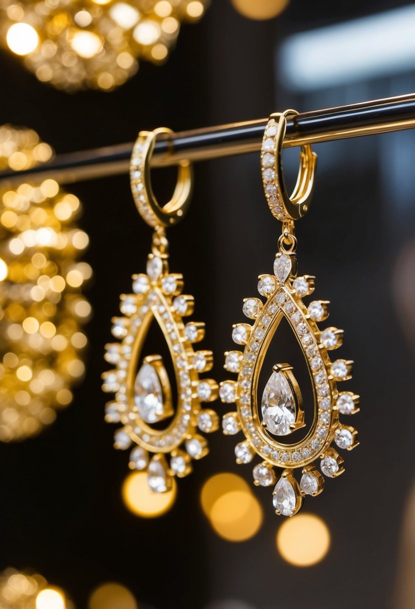 A pair of gold-plated chandelier earrings hang from a display, catching the light and casting a warm, glittering glow