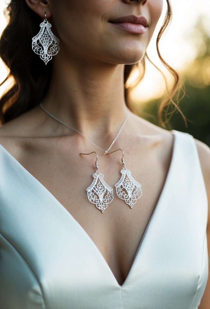 A delicate pair of silver filigree earrings dangle elegantly against the backdrop of a deep v-neck dress, creating a stunning wedding ensemble