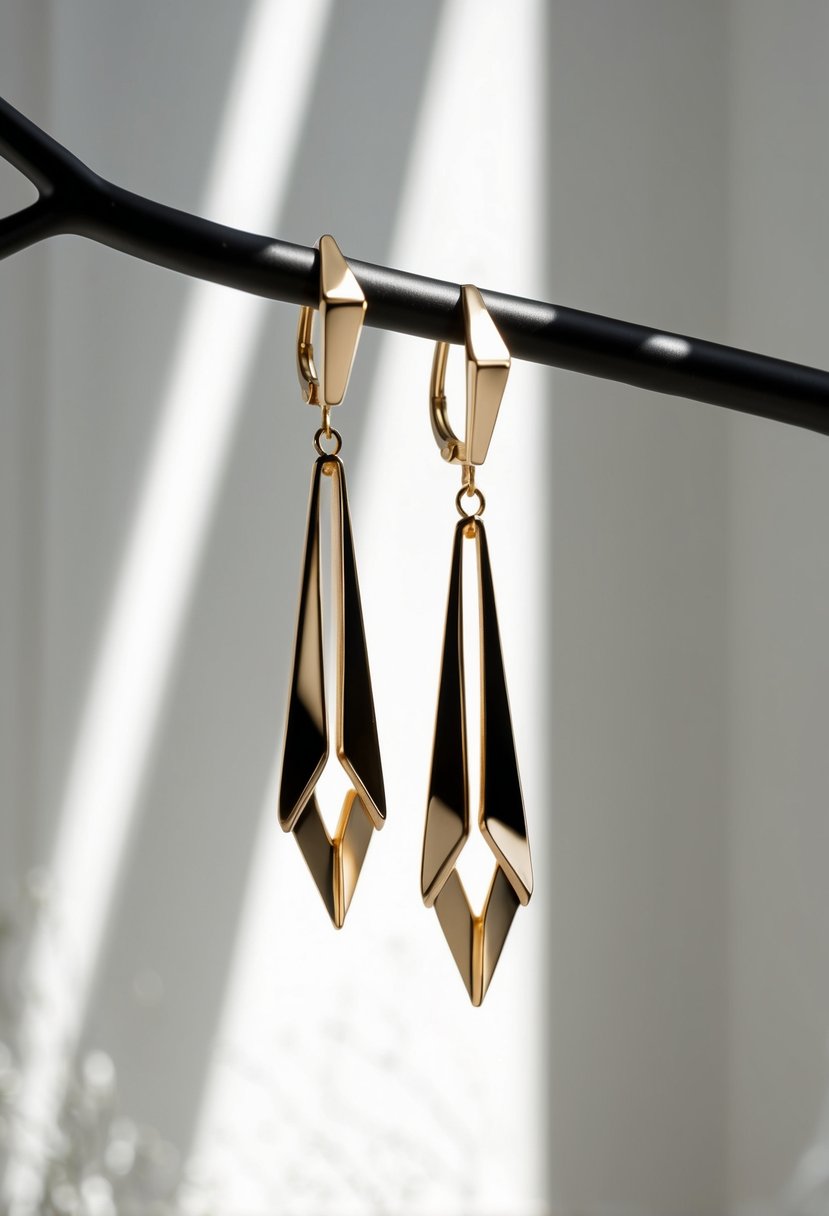 A pair of sleek, geometric chandelier earrings hang against a white backdrop, casting elegant shadows