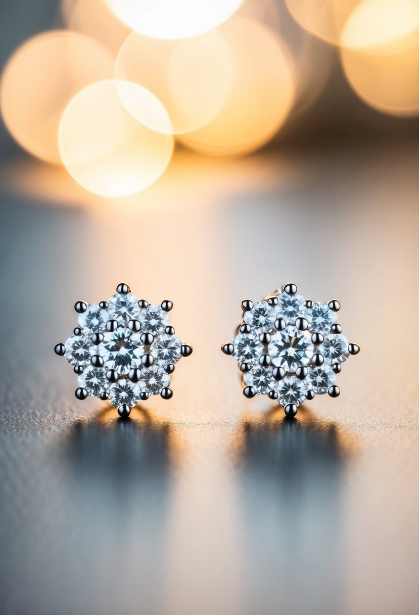 A sparkling pair of diamond cluster earrings gleaming under soft, warm lighting, showcasing their elegant and glamorous design