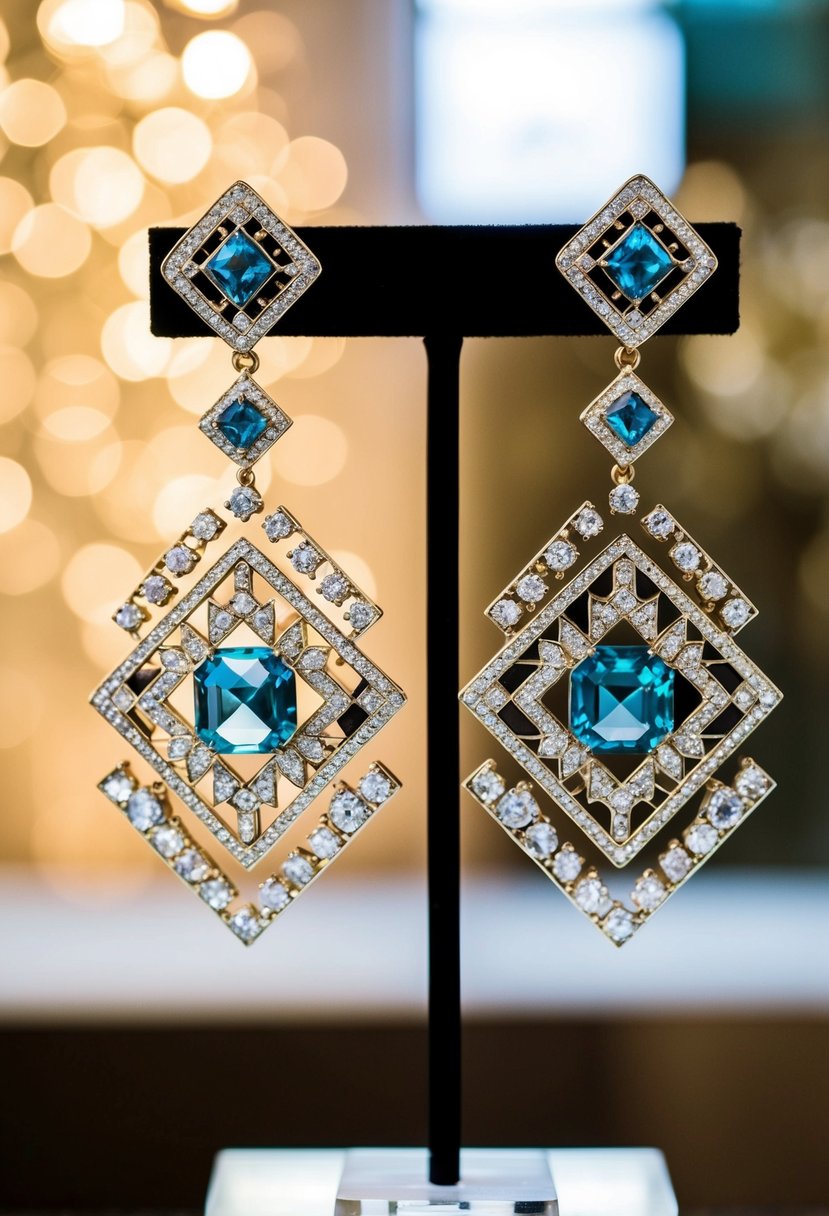 A pair of geometric style chandelier earrings suspended from a display stand, with intricate patterns and sparkling gemstones catching the light