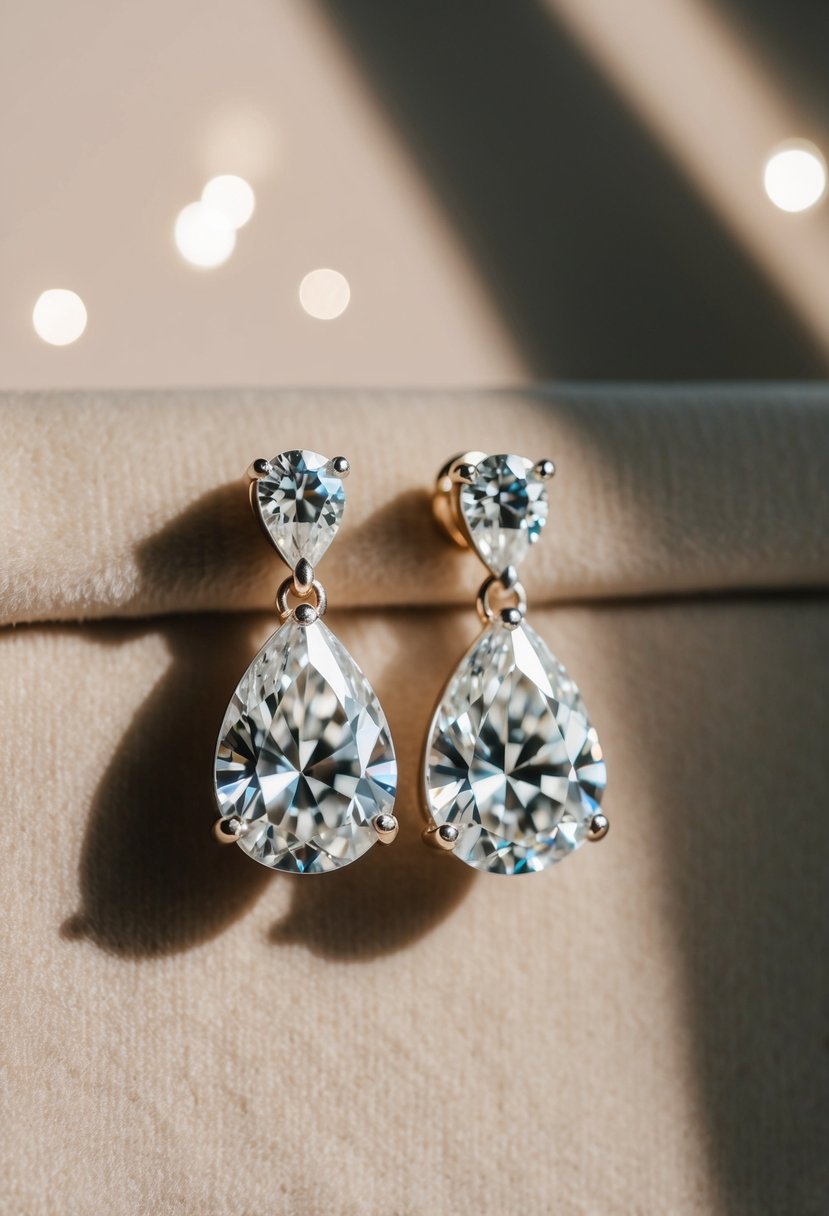 A sparkling pair of teardrop diamond earrings glisten under soft lighting, casting delicate shadows against a velvet background