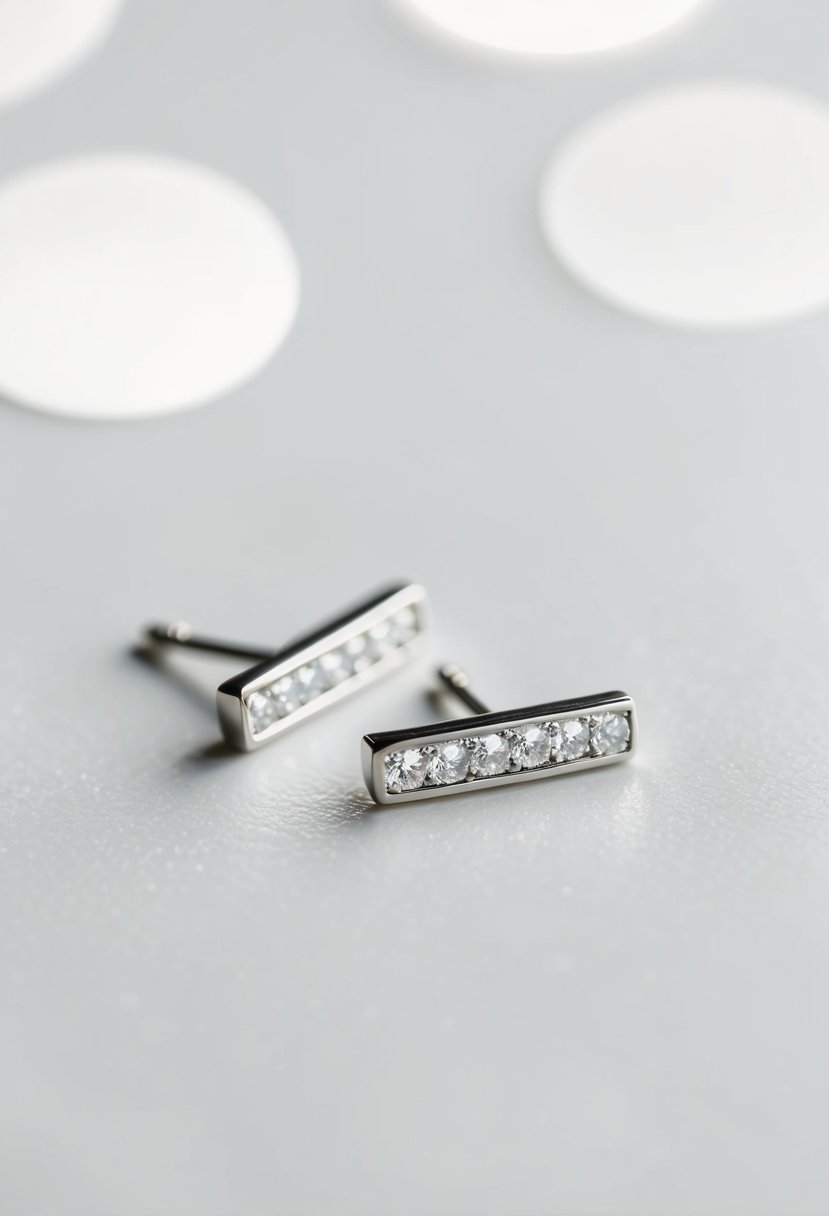 A pair of diamond bar studs against a white background