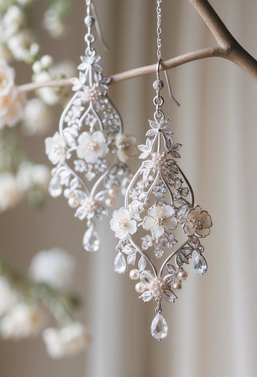 A pair of intricate chandelier earrings adorned with delicate floral designs, hanging elegantly against a soft, romantic wedding backdrop