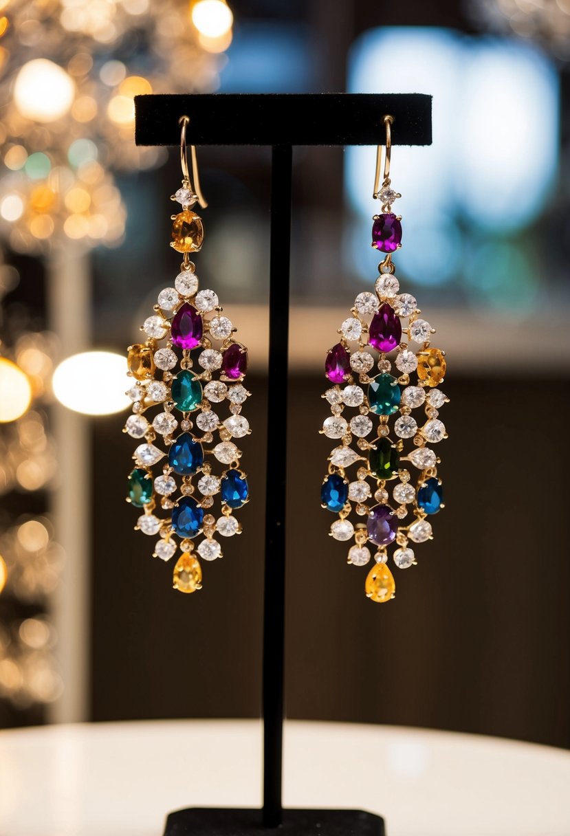 A pair of multi-color gemstone chandelier earrings hanging from a display stand, catching the light and sparkling with various hues