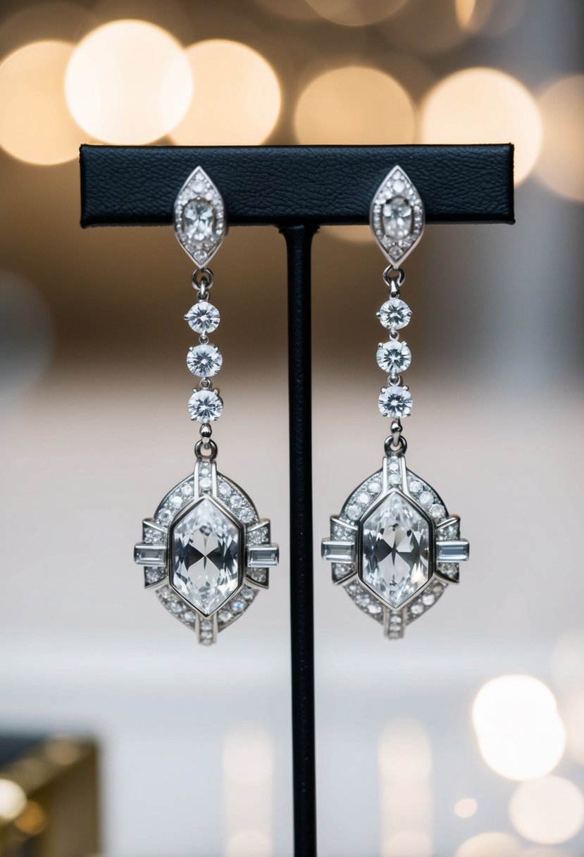 A pair of Art Deco Diamond Dangle Earrings hanging from a display stand, catching the light and sparkling with elegance