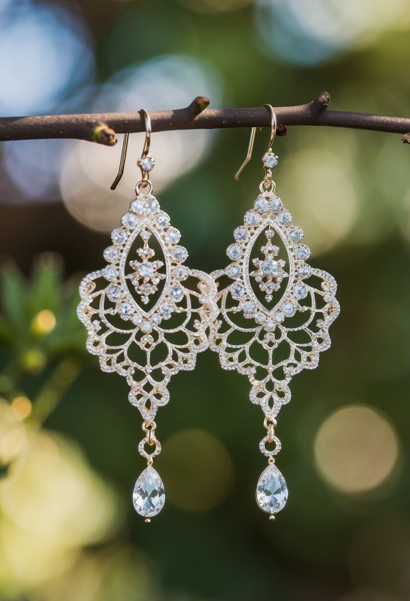 A pair of intricate lace-inspired chandelier earrings dangle delicately, catching the light and casting elegant shadows