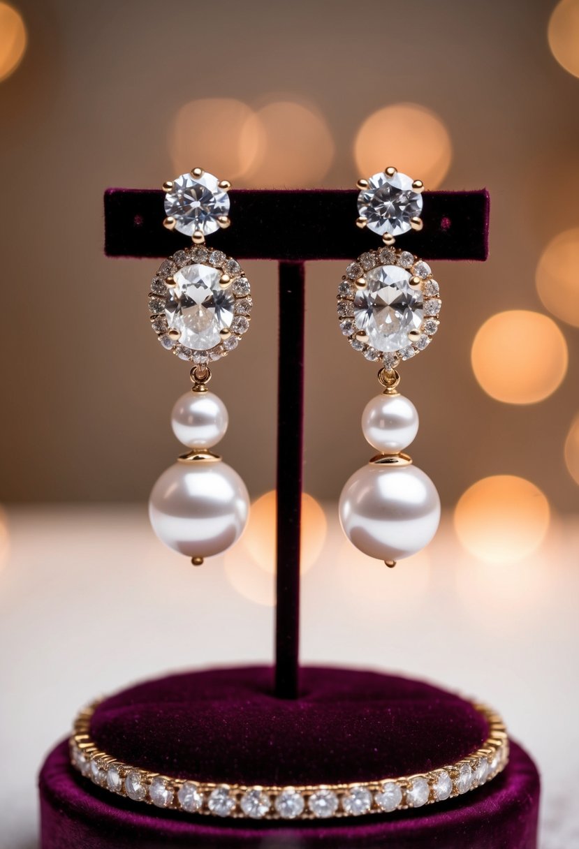 A pair of elegant diamond and pearl wedding earrings displayed on a velvet cushion under soft, warm lighting