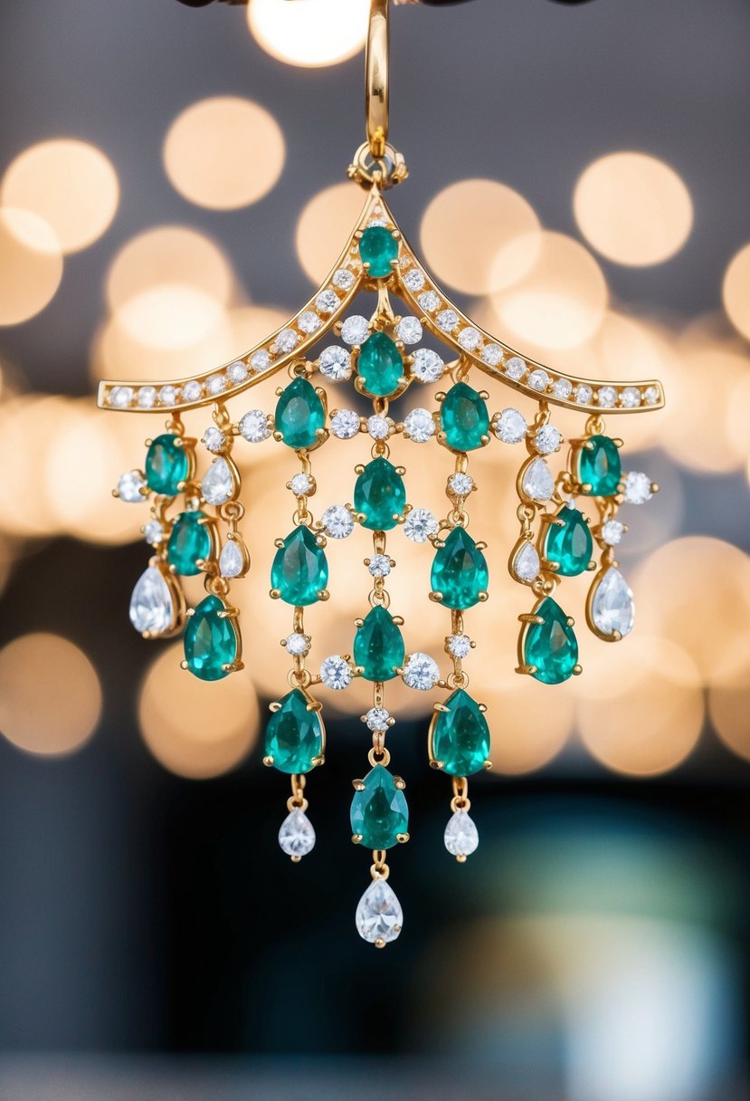 A sparkling chandelier earring design with emerald and diamond gems cascading from a delicate gold setting