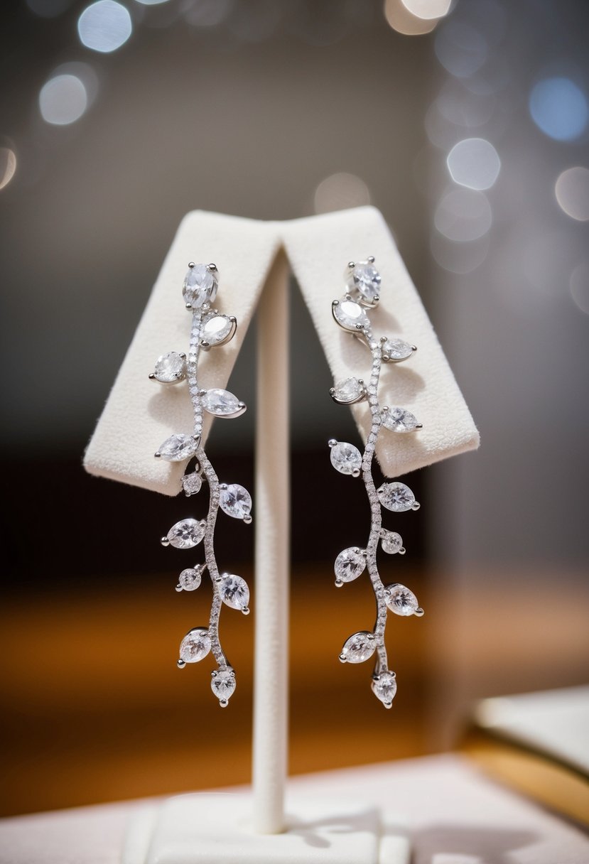 A pair of delicate diamond vine ear crawlers elegantly draped over a velvet jewelry display, catching the light and sparkling with a subtle elegance