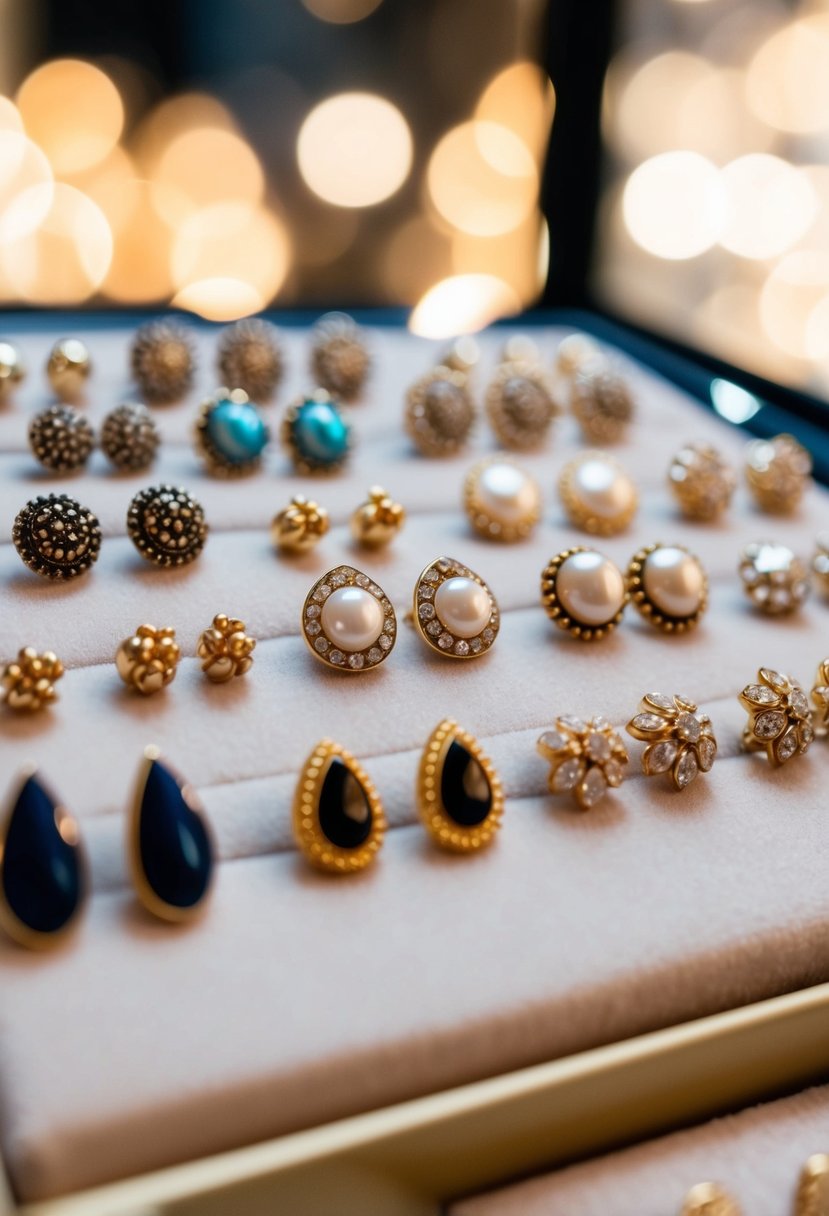 A close-up of various stud earring designs arranged on a velvet display, with soft lighting highlighting their intricate details