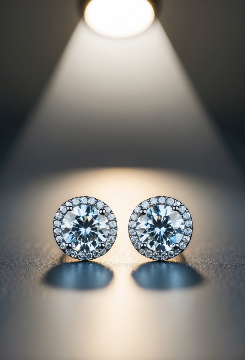 A pair of dazzling diamond earrings, delicately bezel-set and gleaming under the soft glow of a spotlight