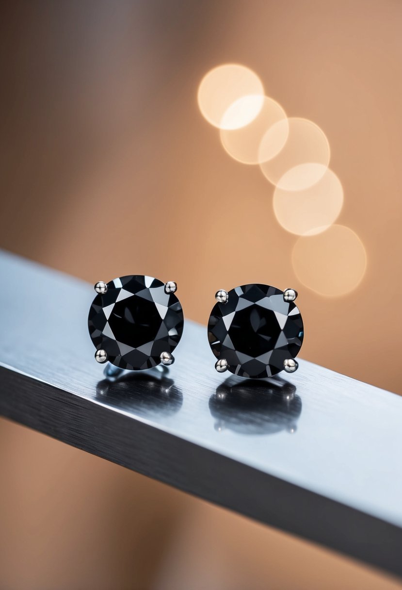 Two black diamond studs on a sleek, modern earring display