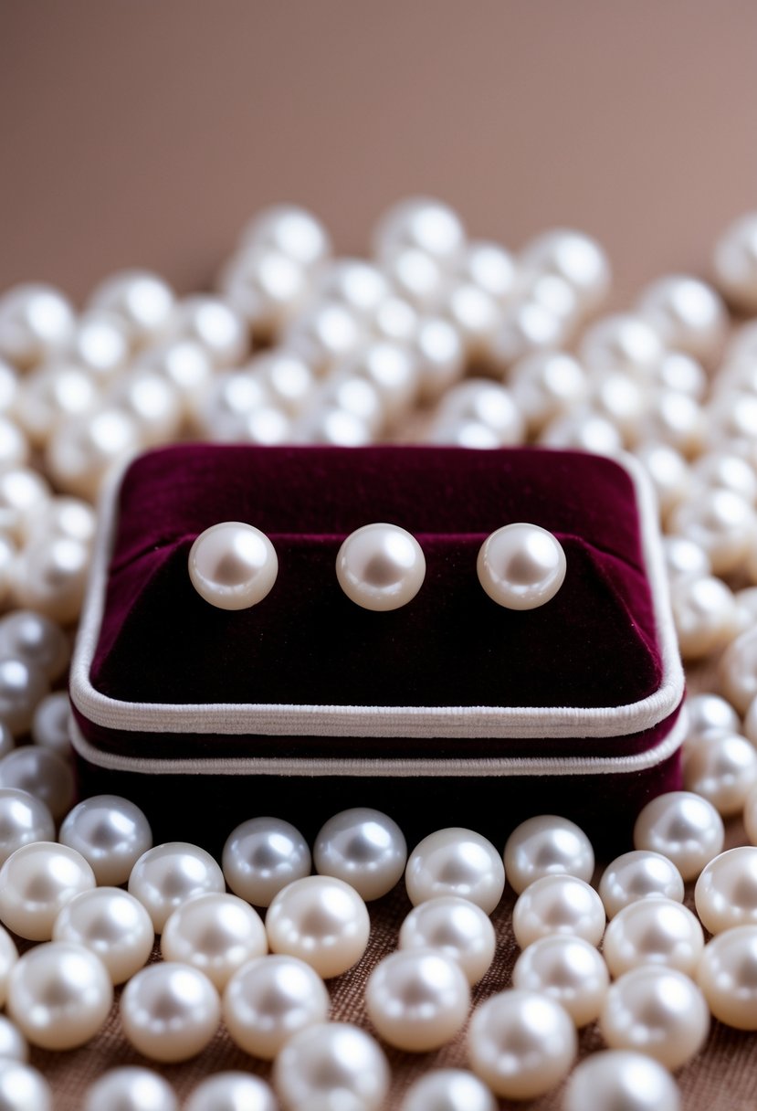 A close-up of classic pearl studs arranged on a velvet cushion