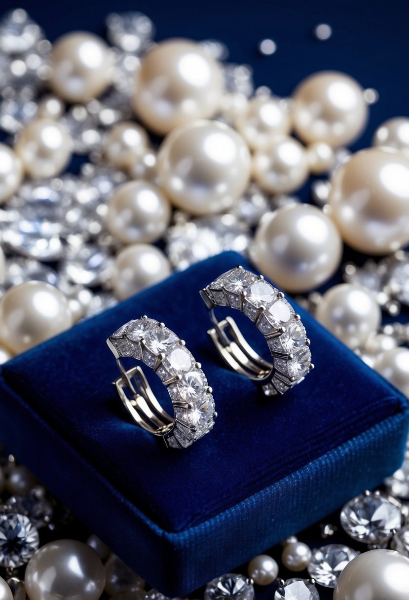 Two diamond ear jackets displayed on a velvet cushion, surrounded by sparkling gems and pearls