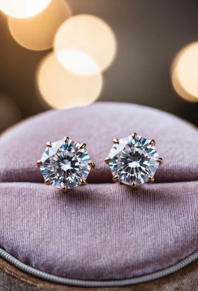 Two vintage diamond studs on a velvet cushion with soft lighting