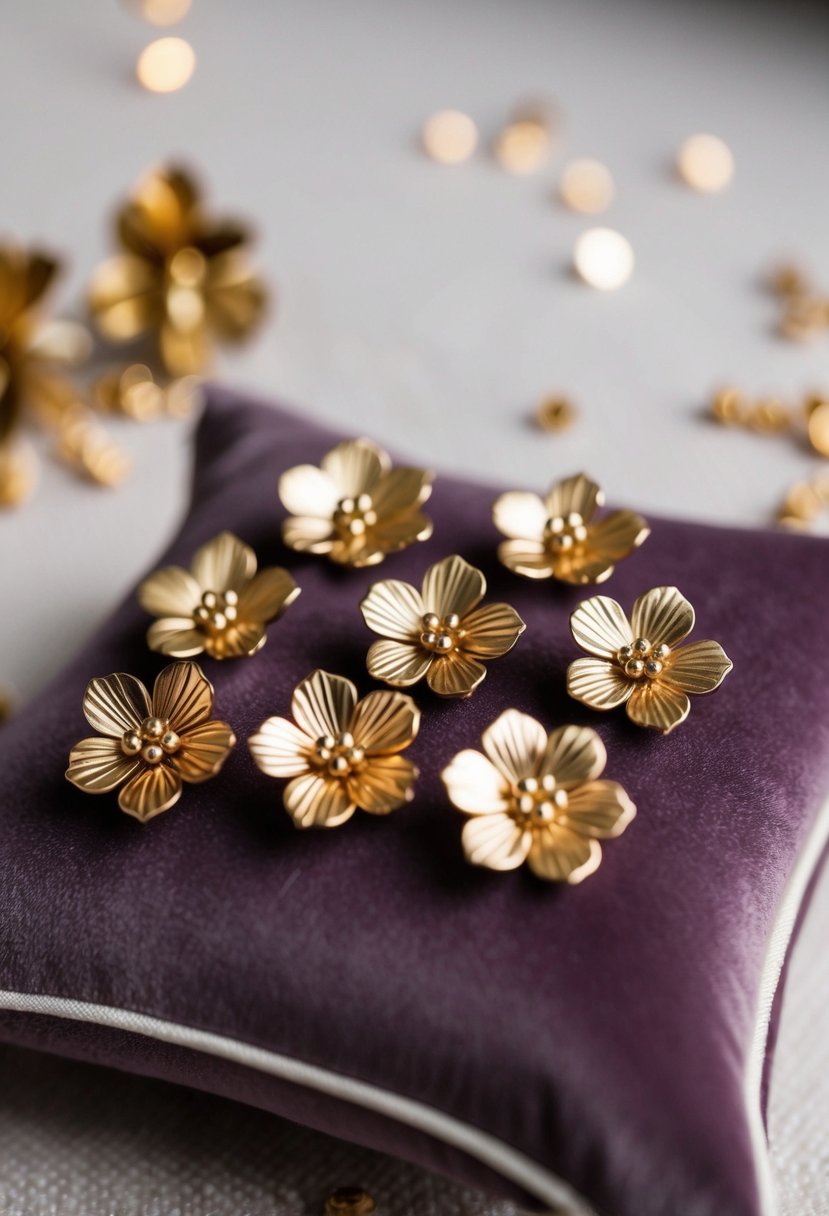 A close-up of delicate gold floral studs arranged on a velvet cushion