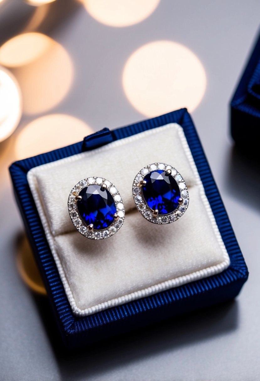 A pair of sapphire halo stud earrings displayed on a velvet cushion with soft lighting accentuating their sparkle