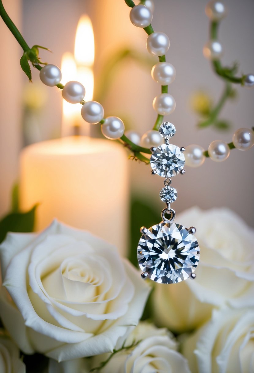 A sparkling diamond earring dangling from a delicate vine of pearls, surrounded by soft candlelight and blooming white roses