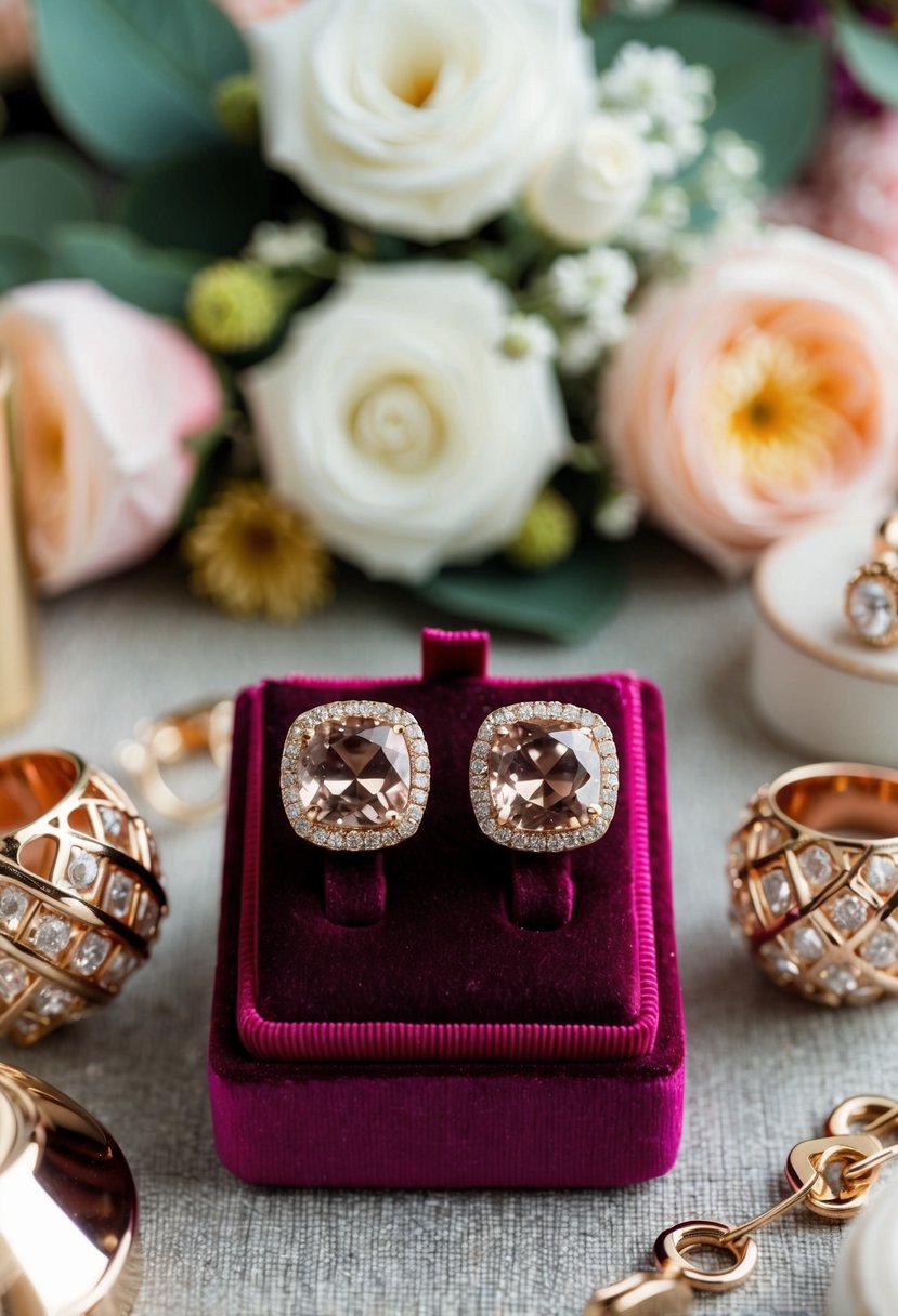 A pair of rose gold cushion-cut studs displayed on a velvet cushion, surrounded by wedding-themed decor and accessories