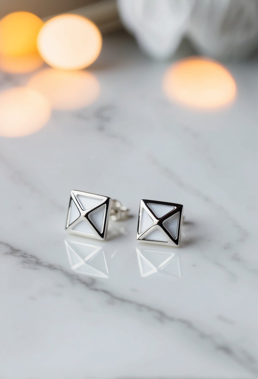 A close-up of silver geometric stud earrings arranged on a white marble surface