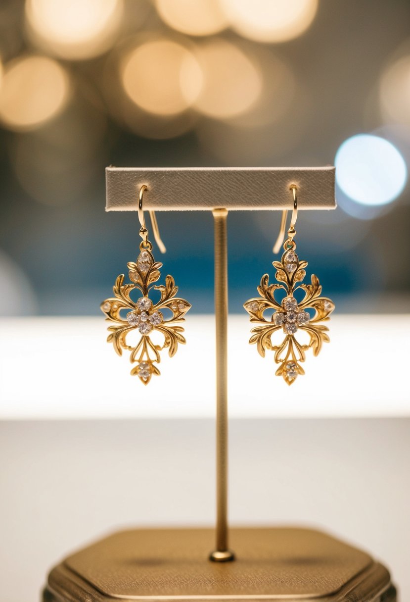 A pair of delicate gold earrings with intricate floral designs hanging from a display stand, catching the light in a luxurious setting