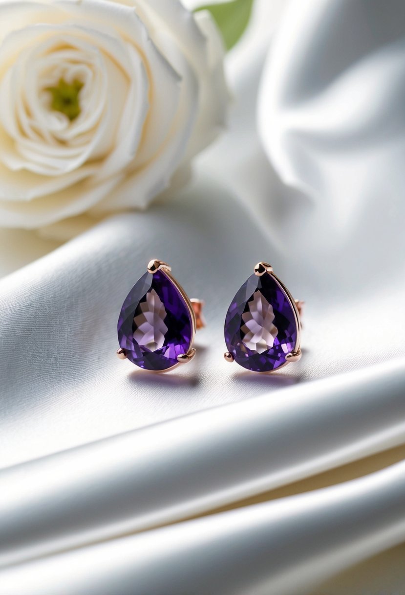 Two amethyst teardrop studs set against a white satin background with soft lighting, showcasing elegant wedding earring ideas