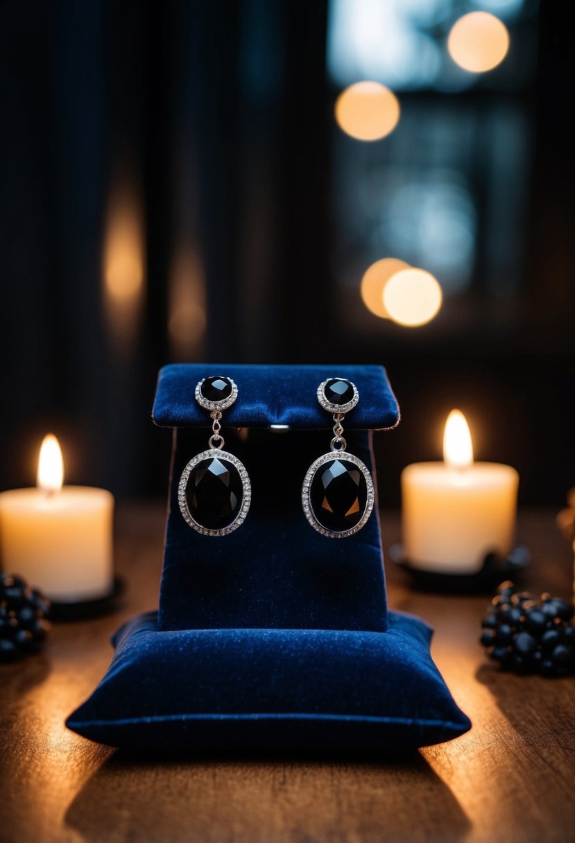 Two elegant Gothic Black Onyx Earrings displayed on a velvet cushion, surrounded by dim candlelight