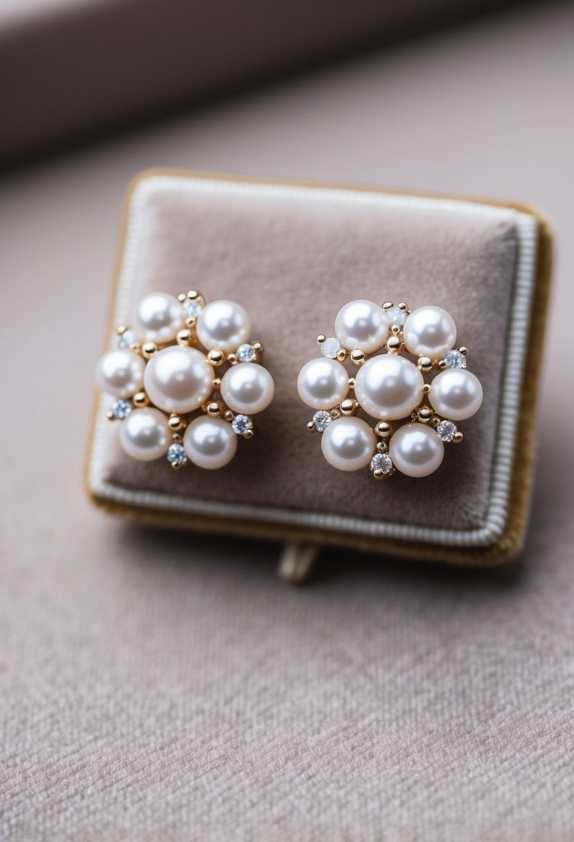 A close-up of elegant pearl and diamond cluster stud earrings displayed on a velvet cushion