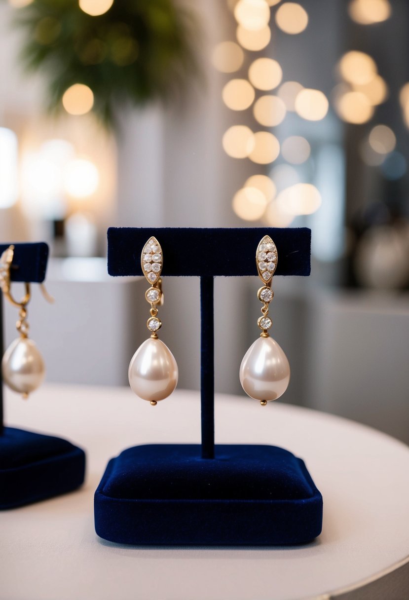 A elegant display of pearl drop earrings on a velvet cushion