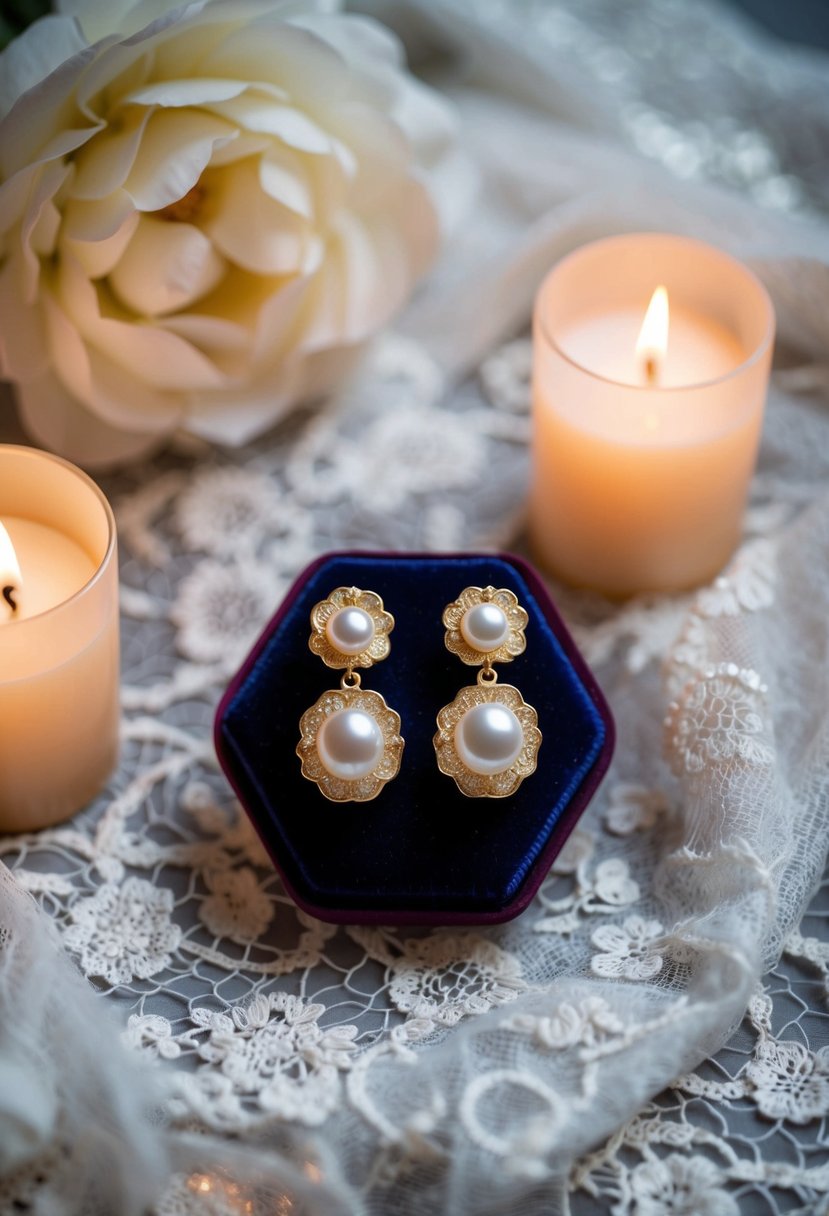 A pair of gold coin baroque pearl earrings displayed on a velvet cushion, surrounded by soft candlelight and delicate lace fabric