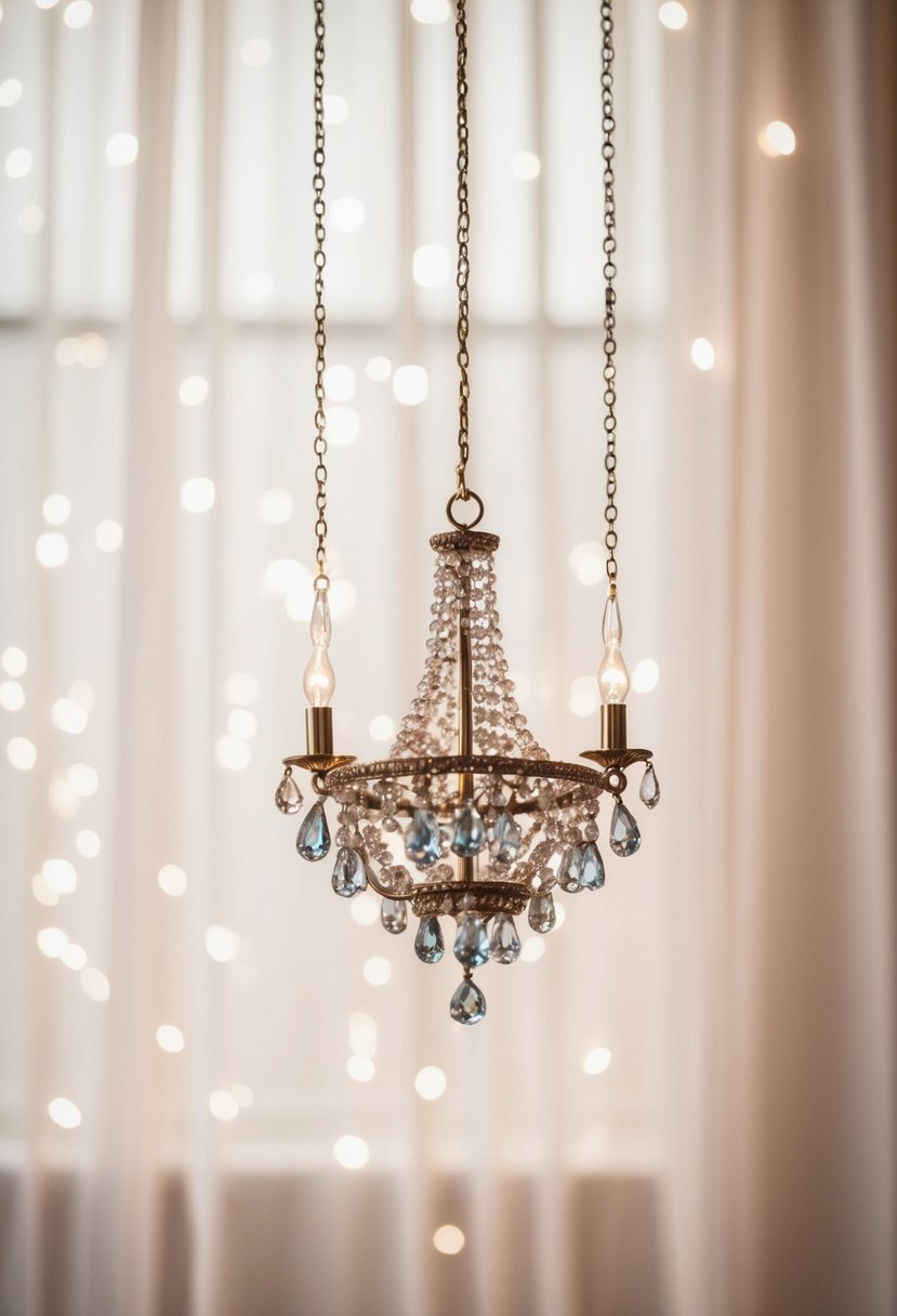 A sparkling chandelier earring design suspended against a soft, romantic backdrop