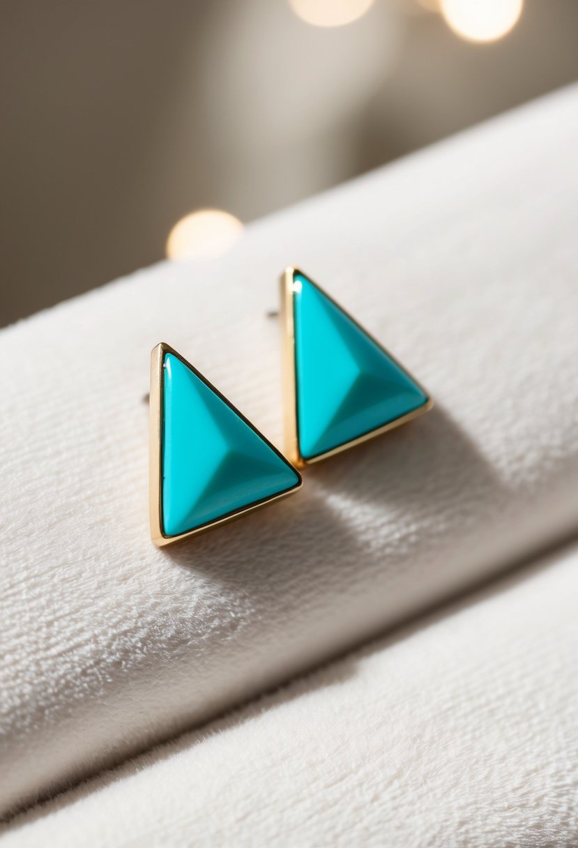 Two turquoise triangular studs arranged on a white velvet background, with soft lighting highlighting their elegant design