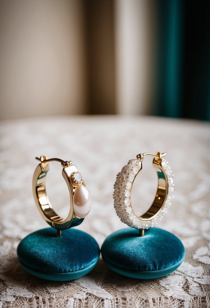 A table with two elegant wedding earring designs, one with a single pearl and the other with a delicate lace pattern, displayed on a velvet cushion