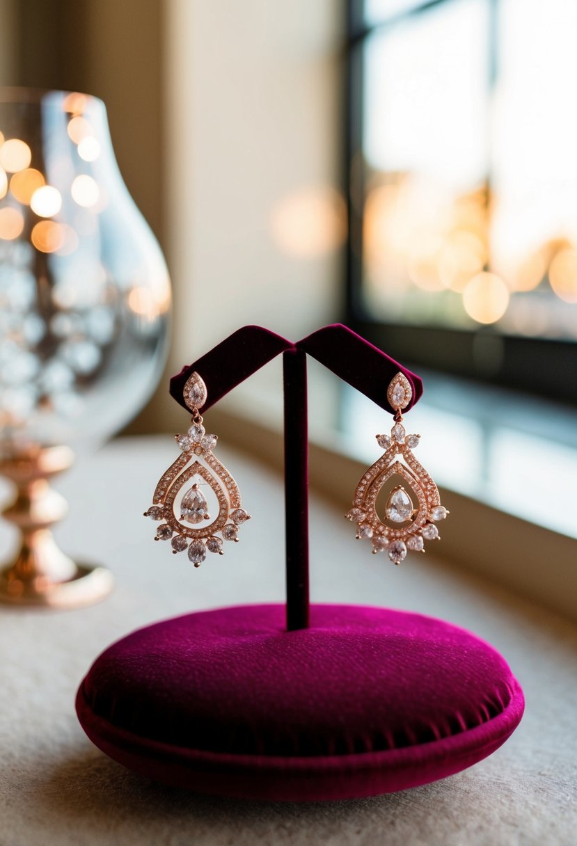 A pair of rose gold bridal earrings displayed on a velvet cushion in a softly lit, luxurious setting