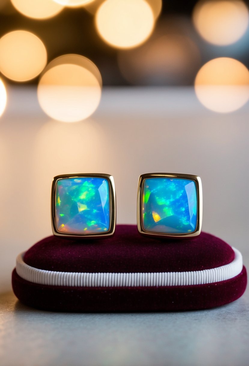 A pair of opal square stud earrings displayed on a velvet cushion with soft lighting