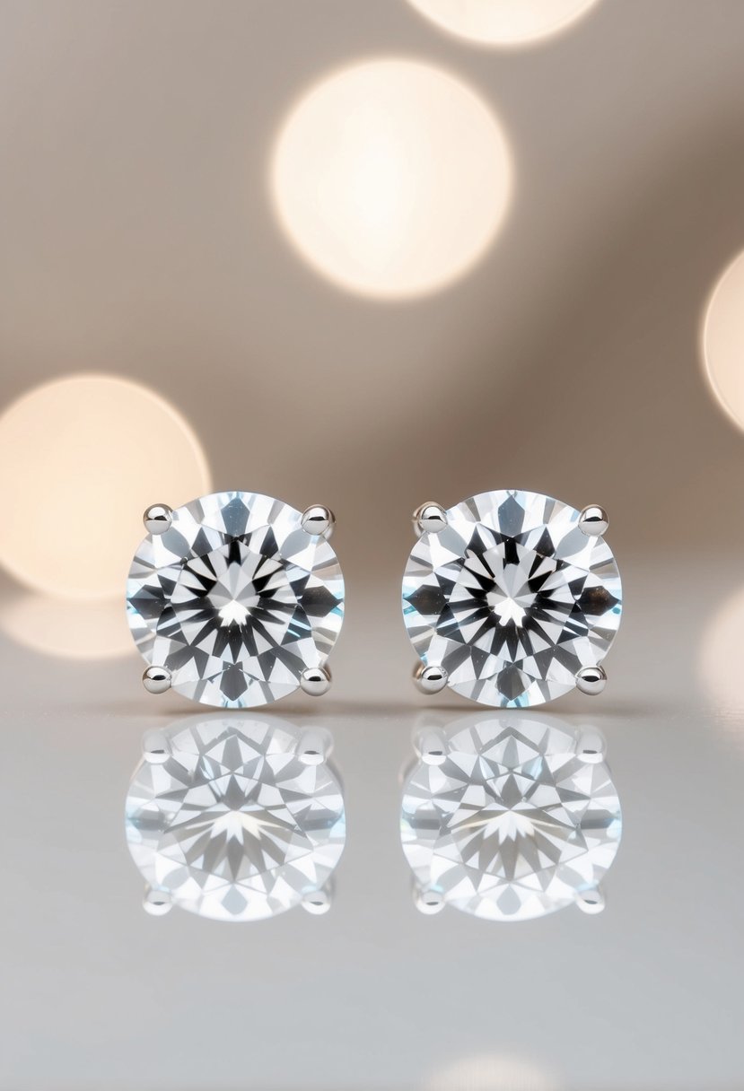 A close-up of two sparkling diamond stud earrings by Tiffany & Co., displayed against a soft, neutral background