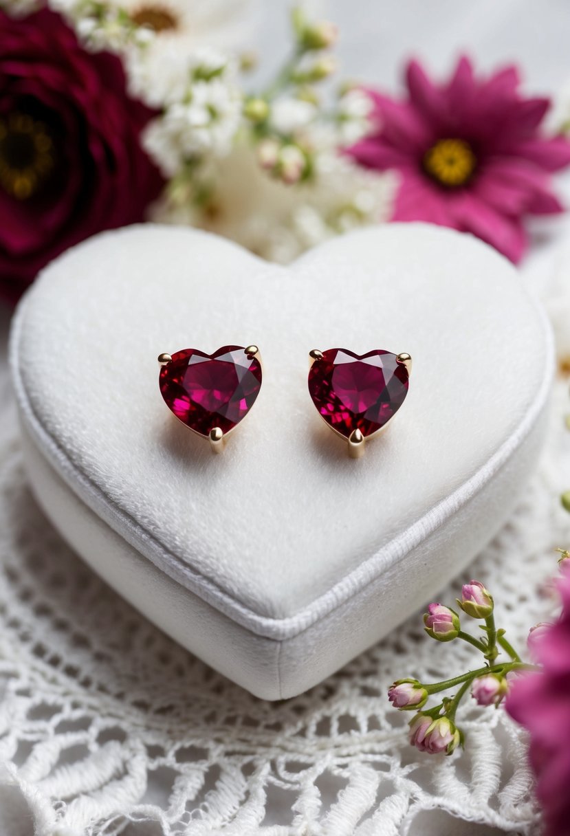 Two ruby heart studs arranged on a white velvet cushion, surrounded by delicate lace and floral accents