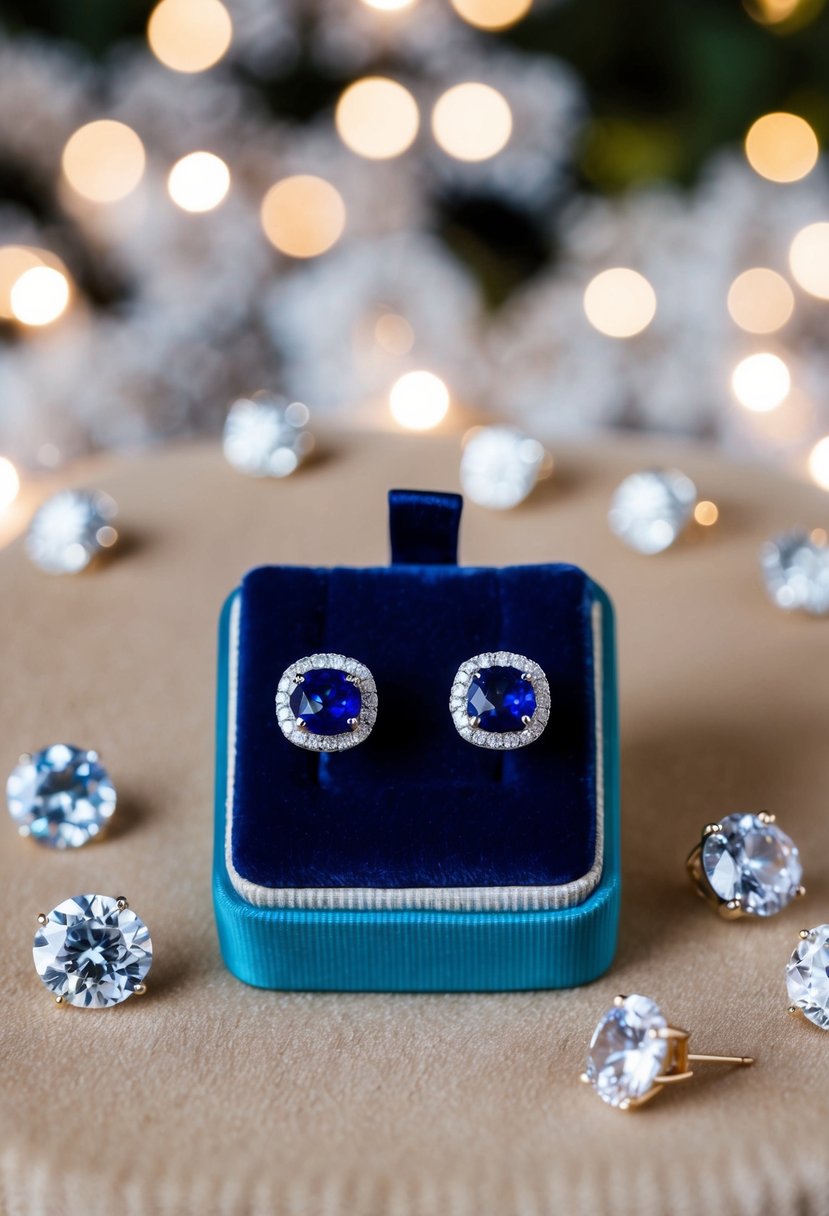 A pair of Sapphire Halo Stud Earrings by Blue Nile displayed on a velvet cushion, surrounded by sparkling diamonds and soft lighting