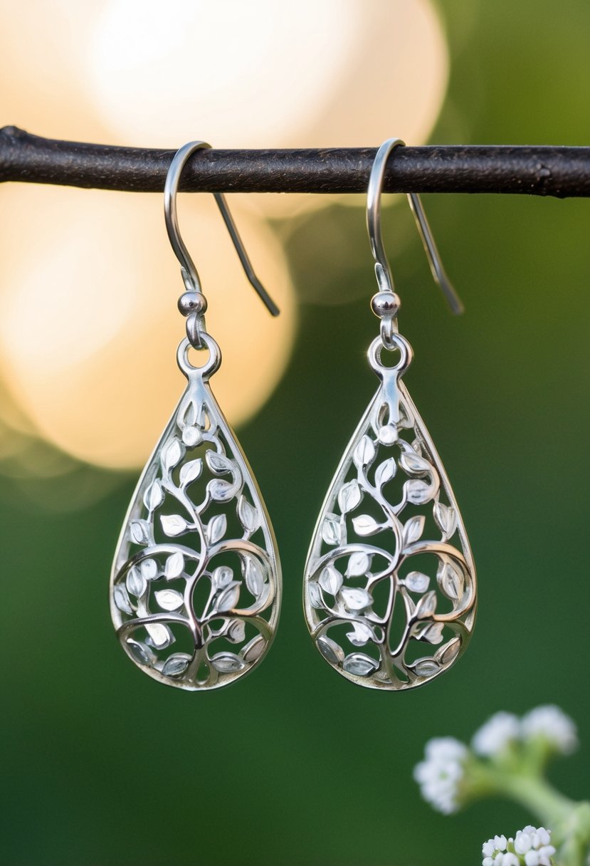 A pair of teardrop earrings with a delicate vine pattern, perfect for an elegant wedding