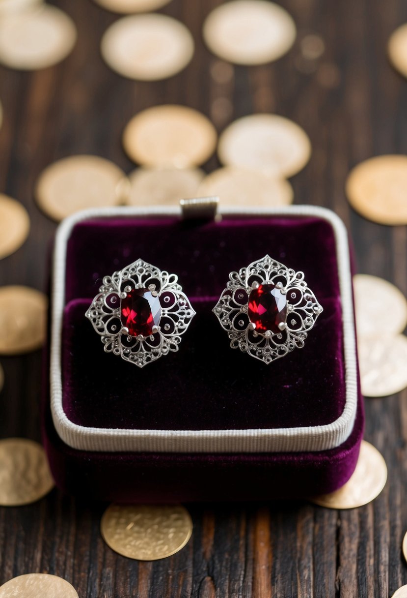 A pair of intricate garnet filigree stud earrings displayed on a velvet cushion