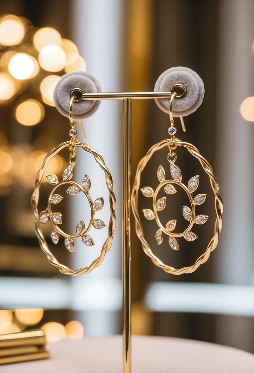 Two circular vine-like earrings dangle from a velvet display, catching the light in a luxurious setting