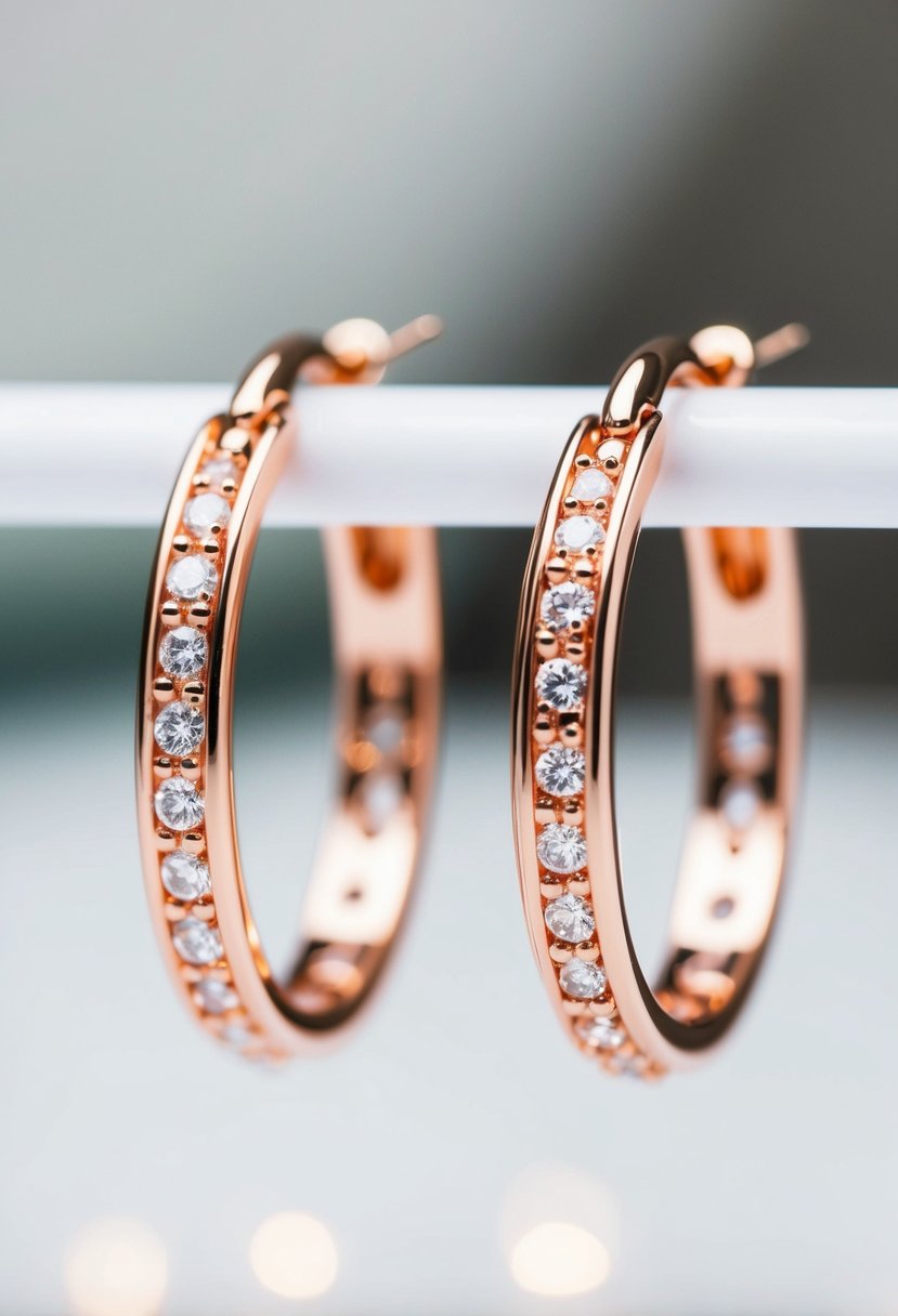 A close-up of two delicate rose gold hoop earrings, with intricate designs and sparkling gemstones, displayed on a clean, white background