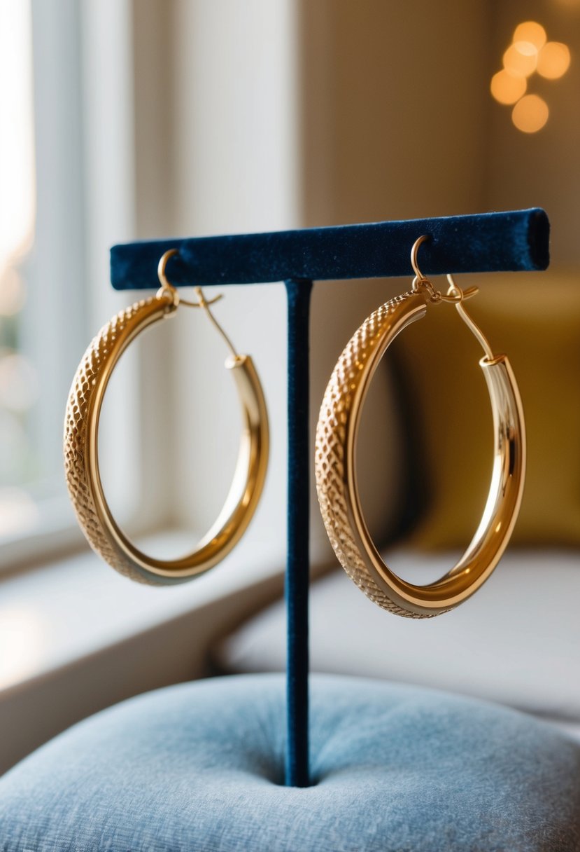 A pair of elegant hoop earrings displayed on a velvet cushion in a softly lit room