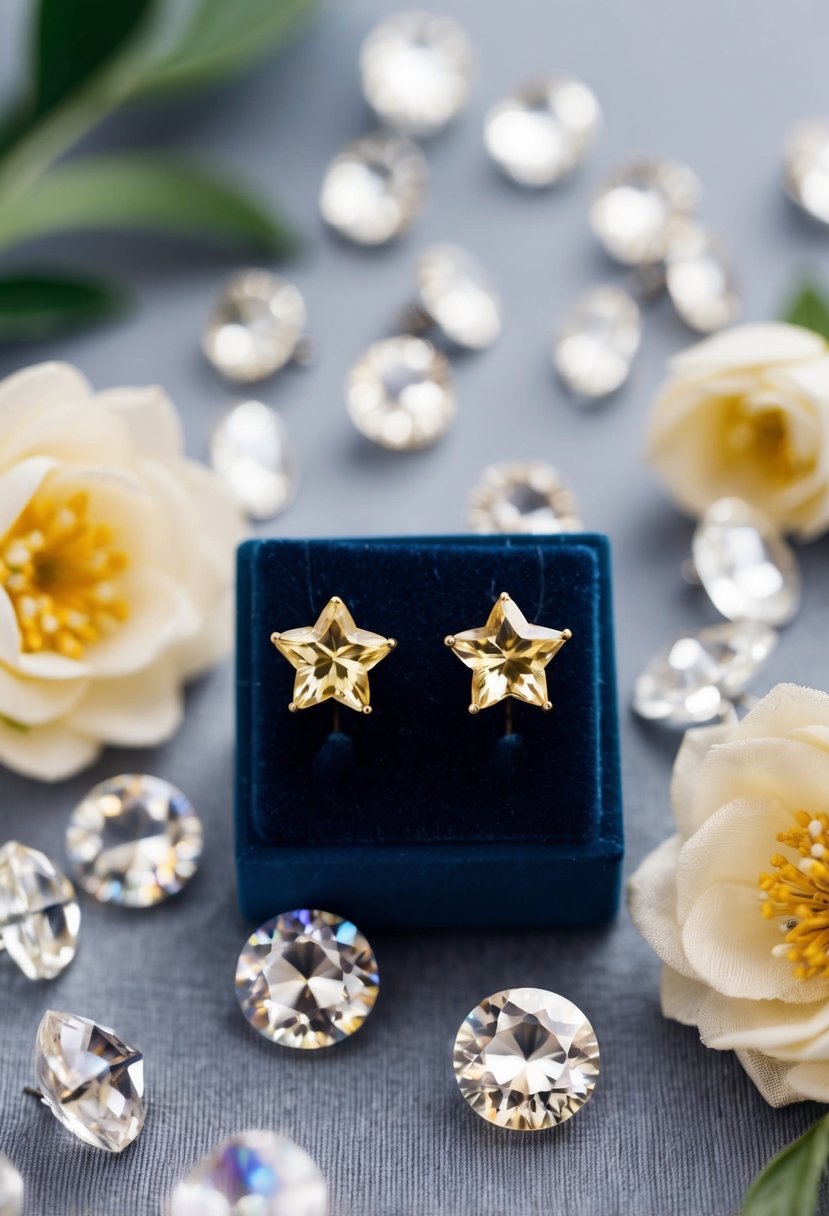 Two delicate Topaz Star Studs on a velvet earring display, surrounded by sparkling crystals and floral accents