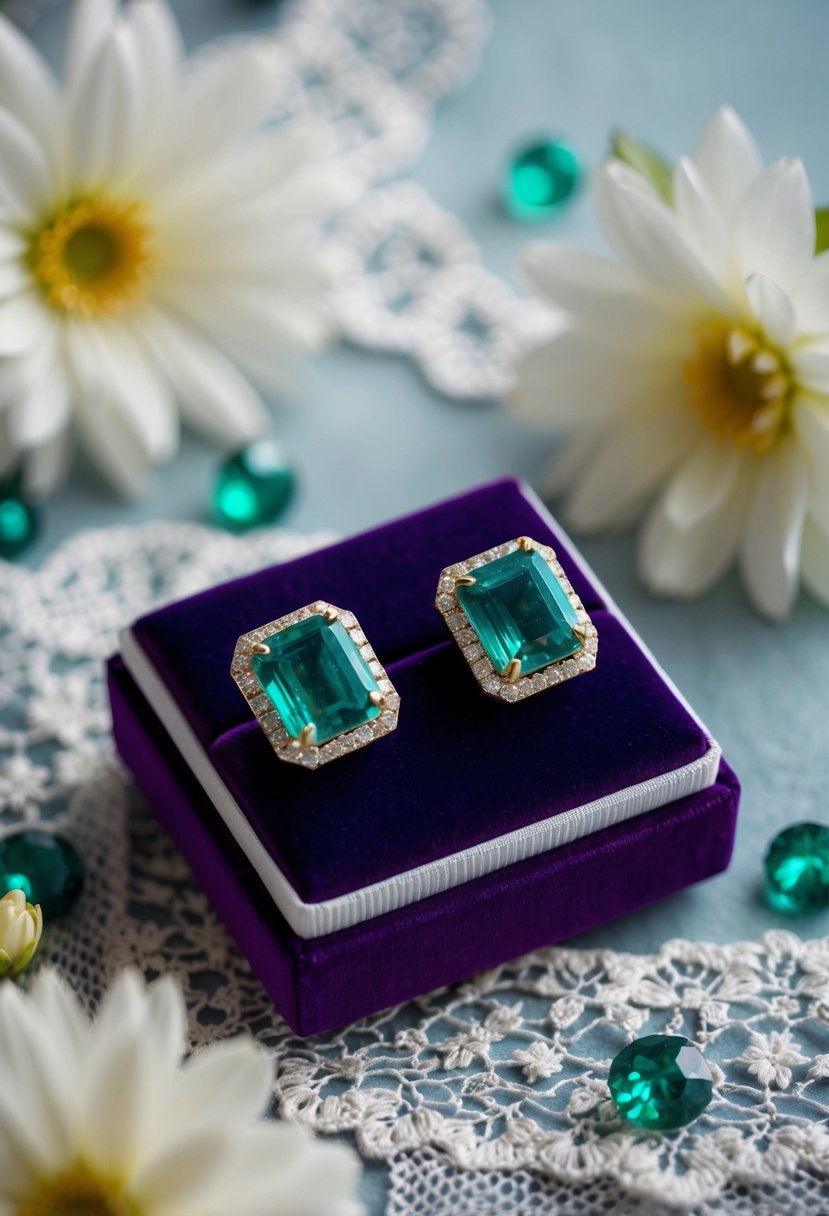 Two emerald studs displayed on a velvet cushion, surrounded by delicate lace and flowers