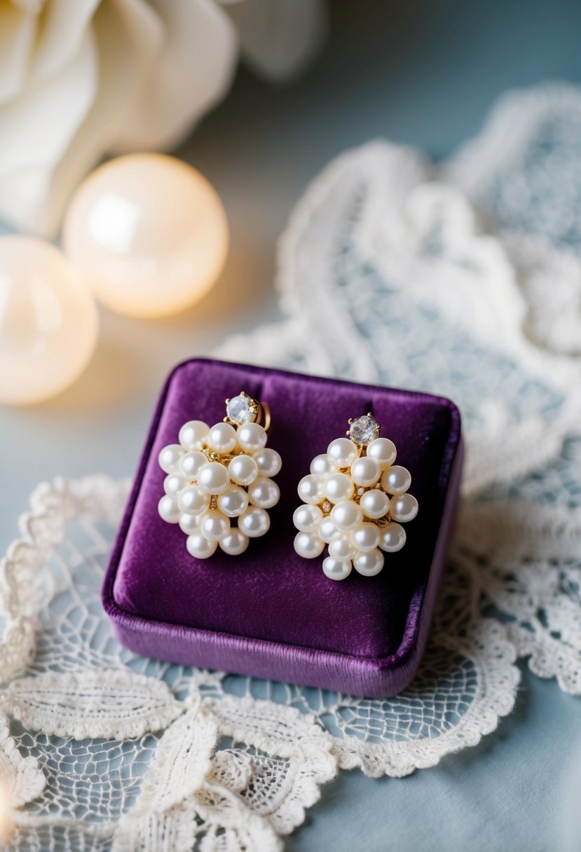 A pair of cluster pearl earrings displayed on a velvet cushion, surrounded by soft lighting and delicate lace