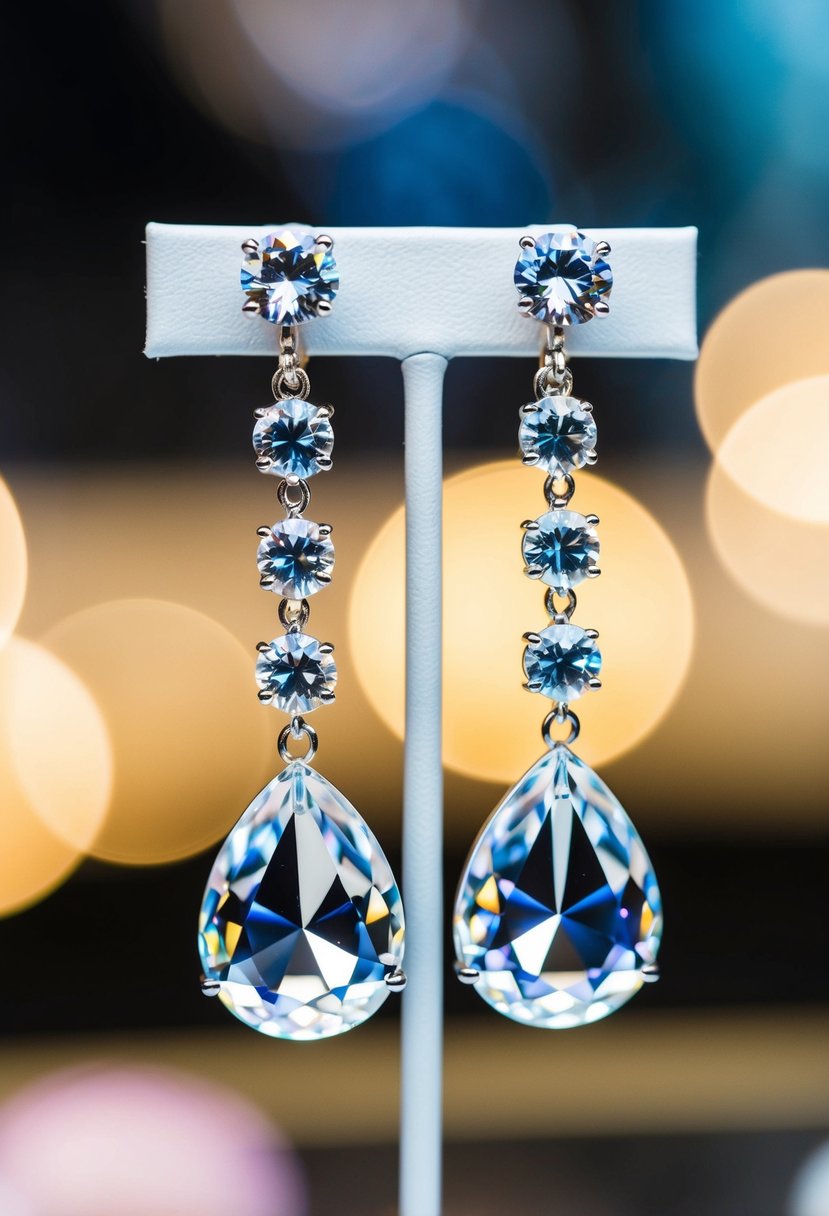 A pair of sparkling crystal dangle earrings by Swarovski, hanging from a display stand, catching the light and shimmering with elegance