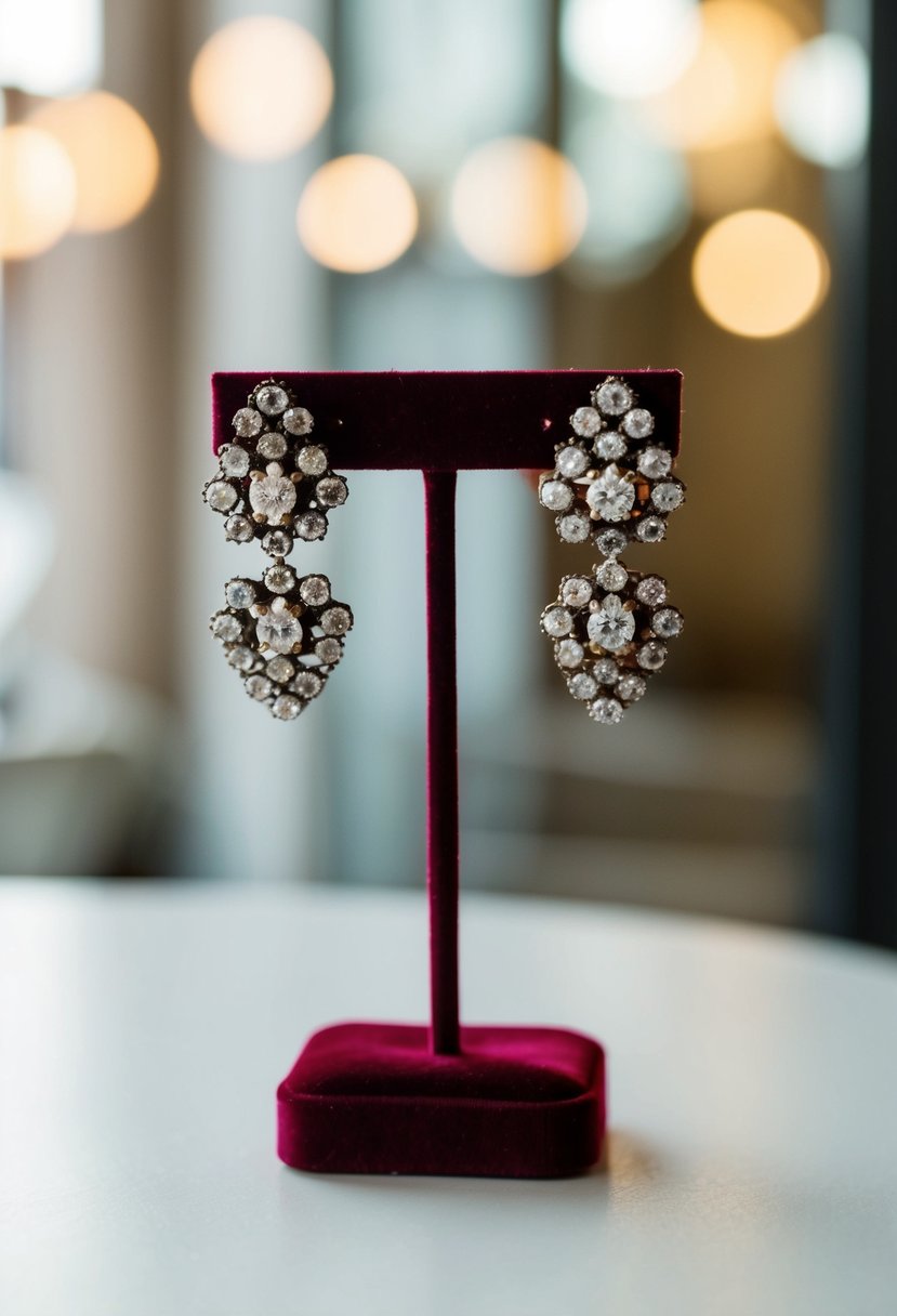 A pair of vintage cluster earrings displayed on a velvet earring stand, with soft lighting highlighting the intricate details